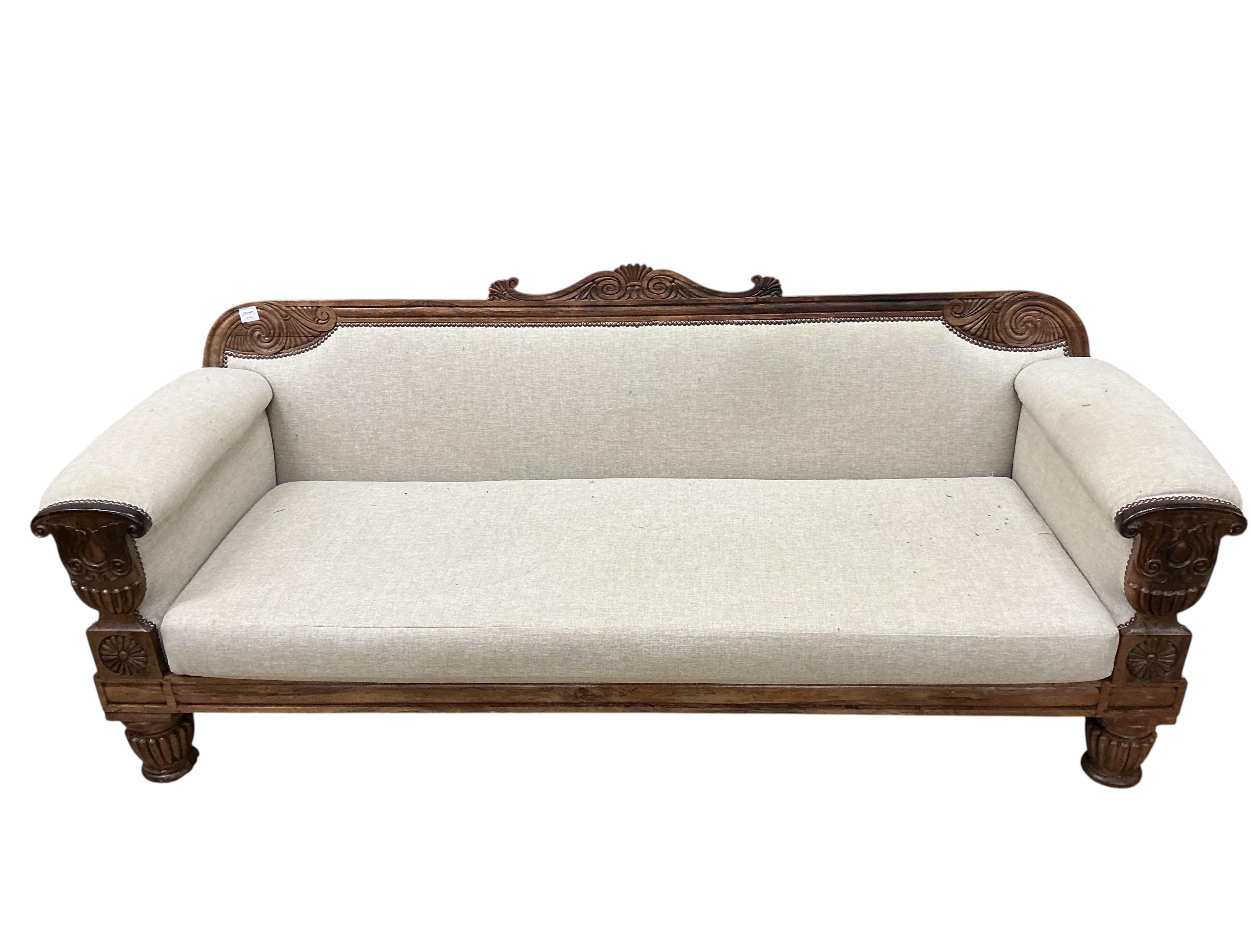 A William IV upholstered rosewood settee, width 200cm, depth 70cm, height 86cm